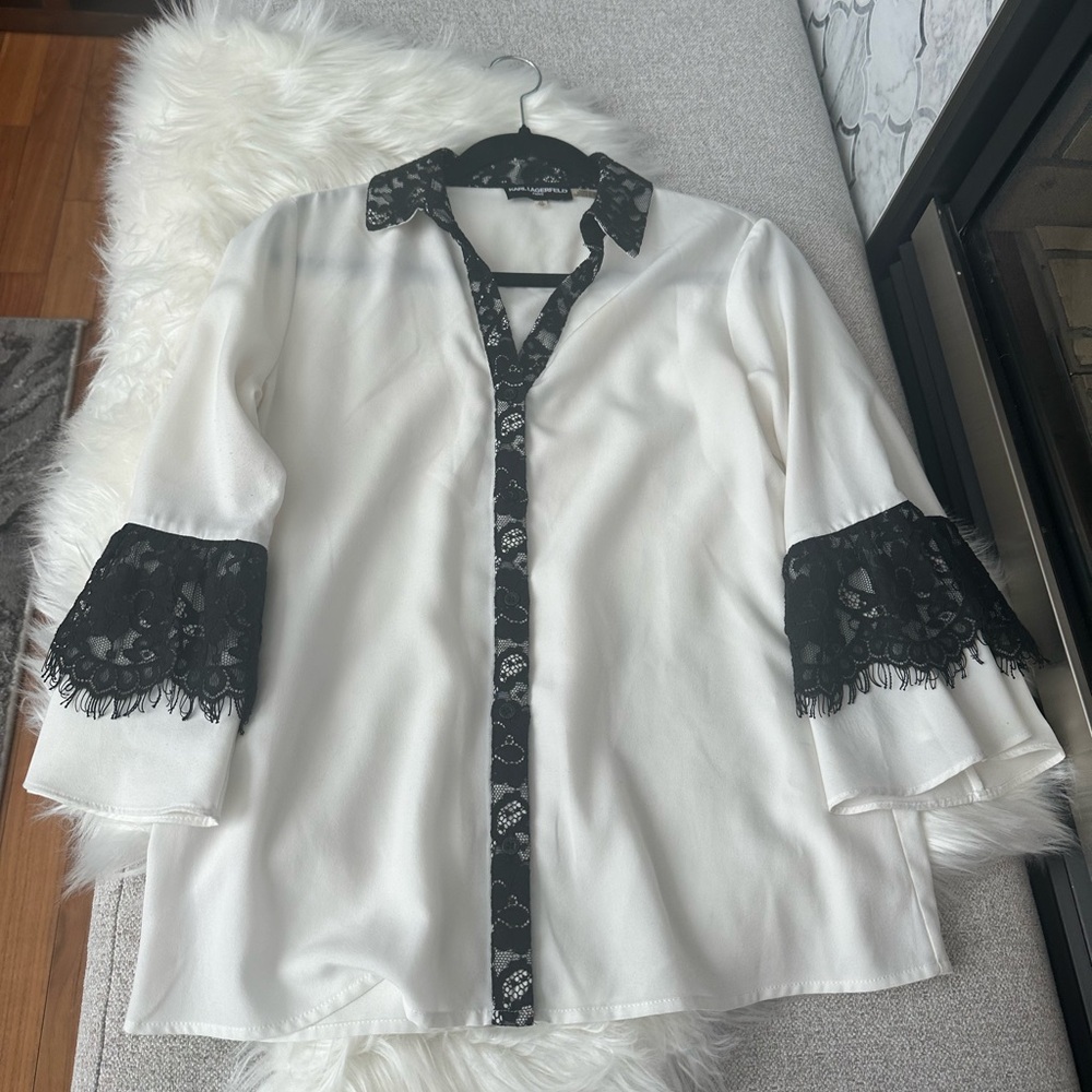 Karl Lagerfeld White Long Sleeve Blouse With Black Lace Trim Size XS